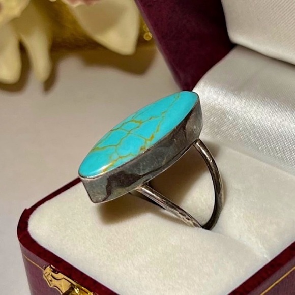 Vintage Handmade Huge Genuine Turquoise Ring 925 Sterling Silver Bezel Set - Picture 6 of 15